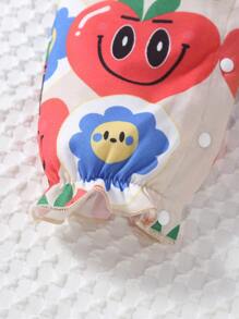 Baby Cartoon Graphic Bow Front Puff Sleeve Jumpsuit - Khaki - View 5