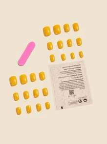 Nail Nina 實色，優雅多變風格，24件套裝，短方形，實色和優雅系列，使用果凍膠帶的美甲套裝，適合外出，休閒，娛樂，派對和舞會，日常穿著 - 黃色 - 查看 2