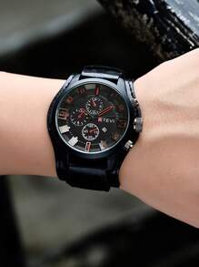 1pc Fashion Large Dial Men's Leather Quartz Watch, Great Gift - Black - View 2