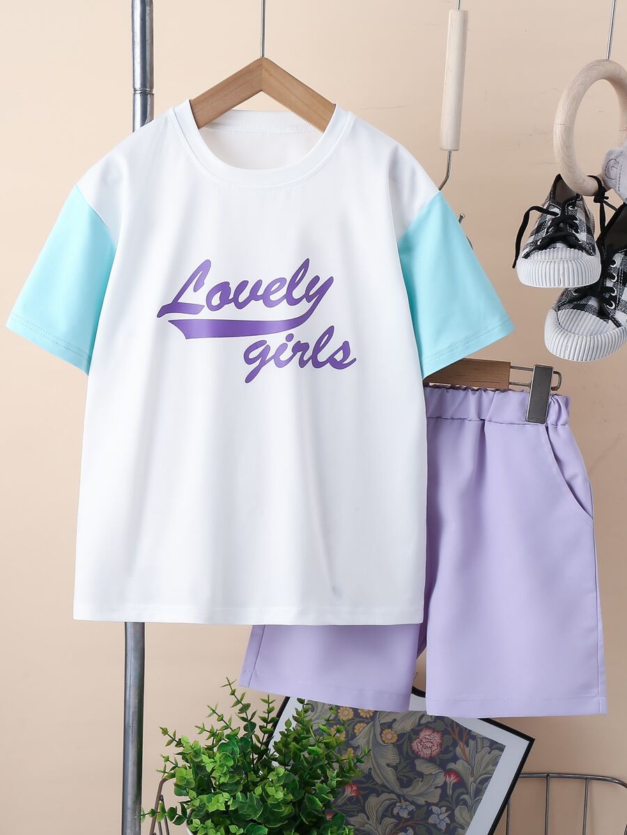 SHEIN 女孩字母圖案T恤和短褲 - 彩色 - 查看 1