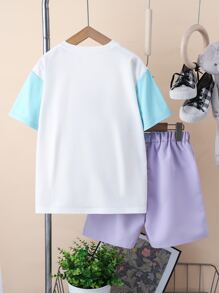 SHEIN 女孩字母圖案T恤和短褲 - 彩色 - 查看 2