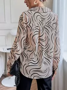 SHEIN Clasi Graphic Print Button Front Shirt,Long Sleeve Tops Fall Cloth For Women - Khaki - View 2