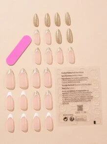 24 chiếc Móng tay giả lấp lánh hạnh nhân dài & 1 dũa móng tay & 1 tờ băng dính - Nhiều màu - Xem 2