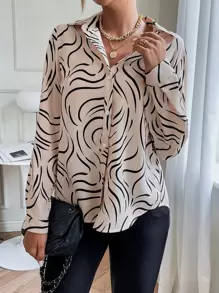SHEIN Clasi Graphic Print Button Front Shirt,Long Sleeve Tops Fall Cloth For Women - Khaki - View 4