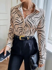 SHEIN Clasi Graphic Print Button Front Shirt,Long Sleeve Tops Fall Cloth For Women - Khaki - View 5