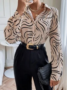 SHEIN Clasi Graphic Print Button Front Shirt,Long Sleeve Tops Fall Cloth For Women - Khaki - View 6