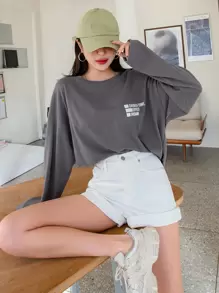 DAZY 几何与字母图案落肩超大 T 恤长袖女式上衣，秋季女装