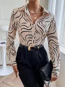 SHEIN Clasi Graphic Print Button Front Shirt,Long Sleeve Tops Fall Cloth For Women - Khaki - View 7