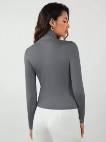 RueChic Women's Solid Grey Elastic Mock Neck Fitted Blouse, Work Uniform