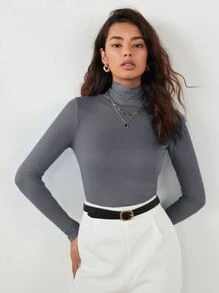 RueChic Women's Solid Grey Elastic Mock Neck Fitted Blouse, Work Uniform