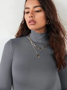 RueChic Women's Solid Grey Elastic Mock Neck Fitted Blouse, Work Uniform