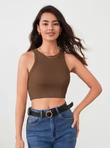 BizChic Solid Rib-knit Crop Tank Top - Coffee Brown - View 4