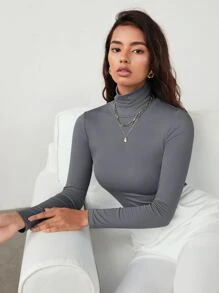 RueChic Women's Solid Grey Elastic Mock Neck Fitted Blouse, Work Uniform