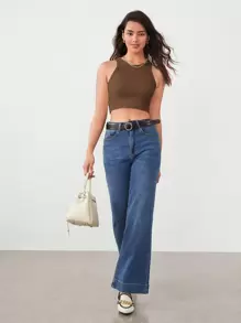 BizChic Solid Rib-knit Crop Tank Top - Coffee Brown - View 5
