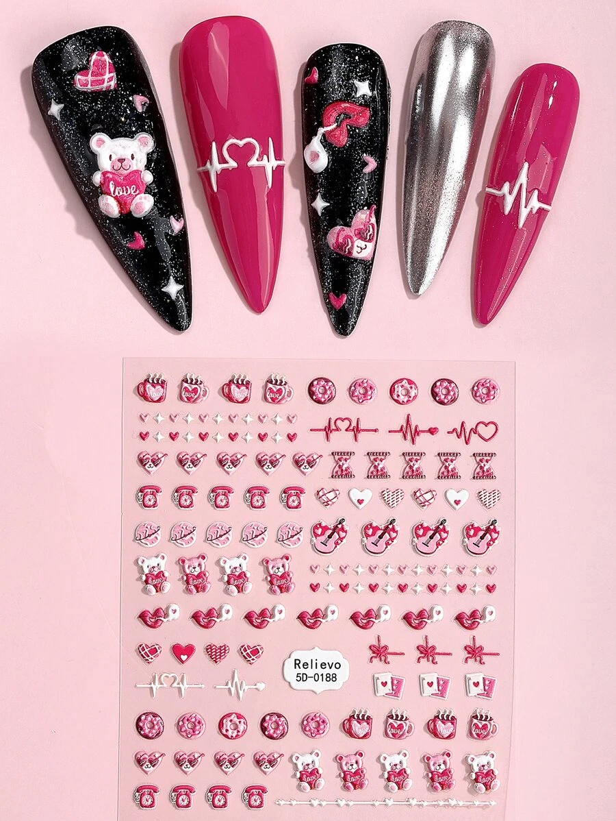 Beauty Sticker 1 tấm Nhãn dán móng tay họa tiết gấu & trái tim - Nhiều màu - Xem 1