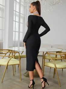 亮片拼接交叉鏤空緊身連衣裙 - 黑色 - 查看 2