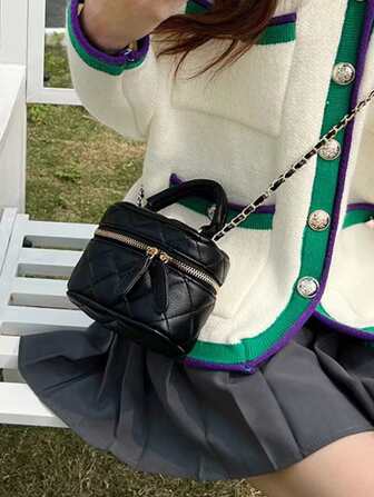 迷你幾何格紋衍縫鏈條水桶包