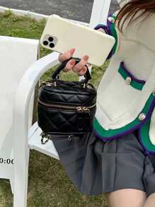 迷你幾何格紋衍縫鏈條水桶包