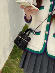 迷你幾何格紋衍縫鏈條水桶包