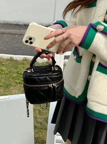 迷你幾何格紋衍縫鏈條水桶包