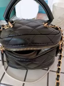 迷你幾何格紋衍縫鏈條水桶包