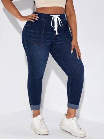 SHEIN SXY Schmale Jeans mit Tunnelzug, gerolltem Saum