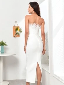 毛茸邊開衩抹胸緊身洋裝 - 白色 - 查看 3