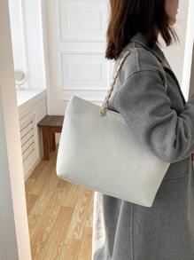 Geometric Embossed Grommet Eyelet Shoulder Tote Bag - White - View 2