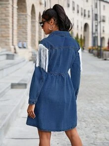 Contrast Fringe Trim Denim Shirt Dress - Medium Wash - View 2