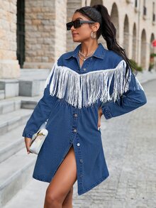 Contrast Fringe Trim Denim Shirt Dress - Medium Wash - View 3