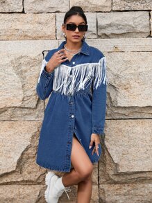 Contrast Fringe Trim Denim Shirt Dress - Medium Wash - View 1