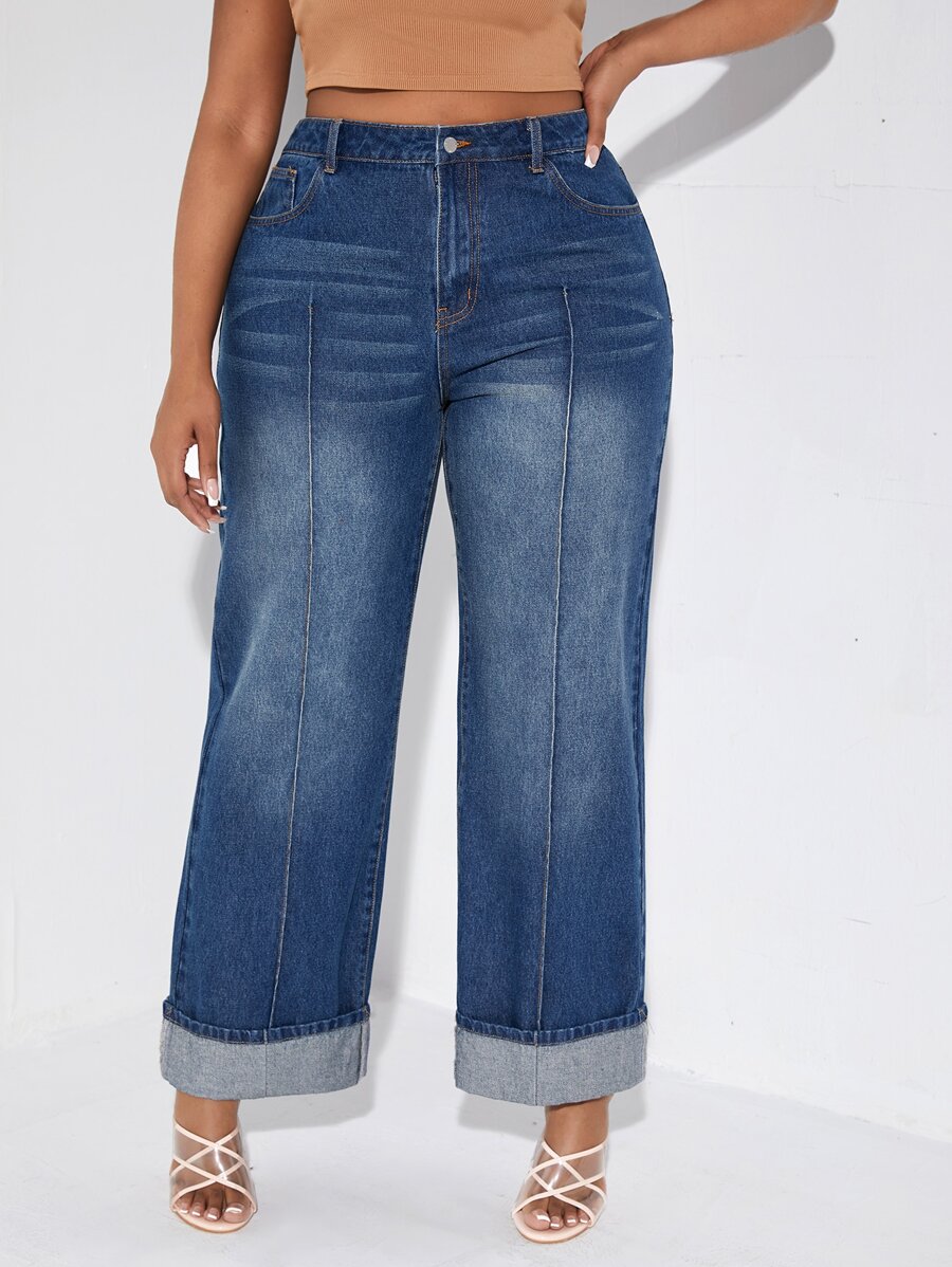 SHEIN Plus Roll Up Hem Straight Leg Jeans - Dark Wash - View 1