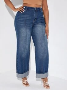 SHEIN Plus Roll Up Hem Straight Leg Jeans - Dark Wash - View 3