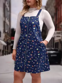 SHEIN VCAY Plus Ditsy Floral Print Pinafore Dress Without Jumper - Navy Blue - View 1