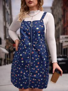 SHEIN VCAY Plus Ditsy Floral Print Pinafore Dress Without Jumper - Navy Blue - View 4