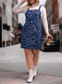 SHEIN VCAY Plus Ditsy Floral Print Pinafore Dress Without Jumper - Navy Blue - View 5