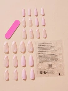 Transform Your Nails With 24pcs Long Almond Pink French Solid Heart Print Fake Nail & 1pc Nail File & 1sheet Tape Press On Nails Nail Supplies - Multicolor - View 2