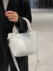 Metal Decor Corduroy Square Bag - Beige - View 2