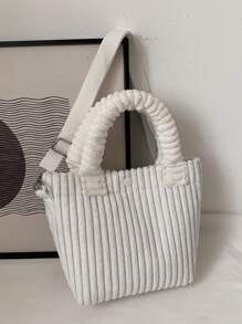 Metal Decor Corduroy Square Bag - Beige - View 6