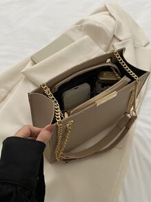 針腳細節金屬裝飾金屬氣眼鏈條方包 - 卡其色 - 查看 3