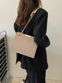 針腳細節金屬裝飾金屬氣眼鏈條方包 - 卡其色 - 查看 4