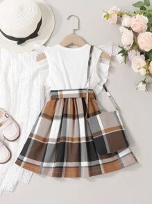 SHEIN 小女童格紋和字母圖案荷葉邊洋裝附包