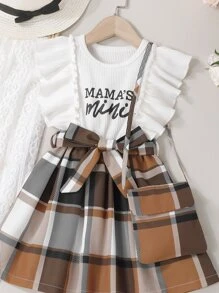 SHEIN 小女童格紋和字母圖案荷葉邊洋裝附包