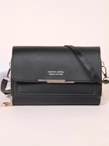 PC棕色PU皮革肩背式手機錢包，帶金屬裝飾的時尚便攜拉桿箱式肩袋 - 全配合拉鍊錢包，方便出門攜帶！ - 黑色 - 查看 1