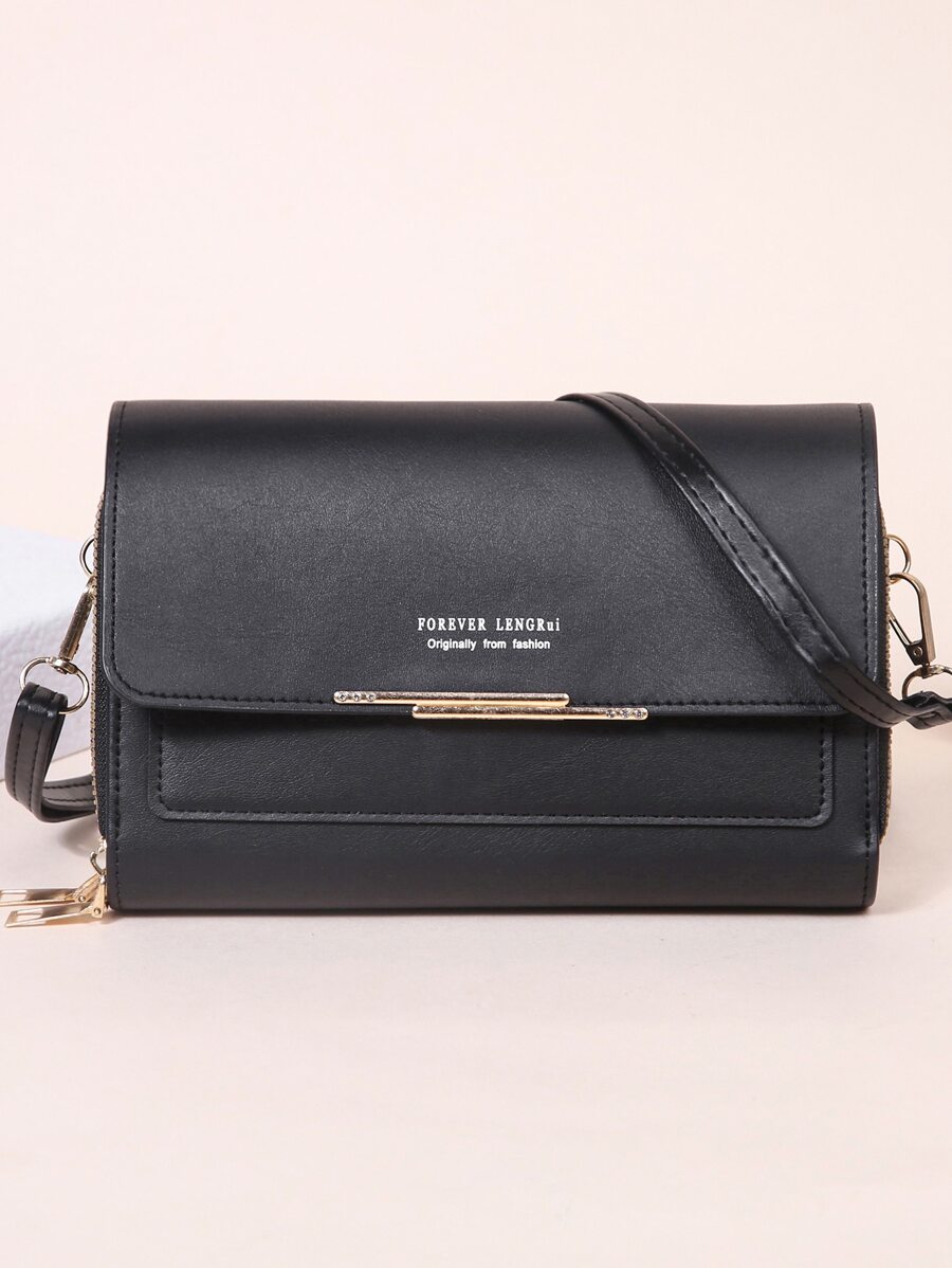 PC棕色PU皮革肩背式手機錢包，帶金屬裝飾的時尚便攜拉桿箱式肩袋 - 全配合拉鍊錢包，方便出門攜帶！ - 黑色 - 查看 1