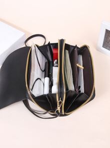 PC棕色PU皮革肩背式手機錢包，帶金屬裝飾的時尚便攜拉桿箱式肩袋 - 全配合拉鍊錢包，方便出門攜帶！ - 黑色 - 查看 6