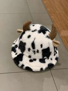 Sombrero con patrón de vaca con dibujos animados con diseño de oreja de peluche - Blanco y Negro - Ver 1