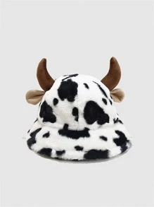 Sombrero con patrón de vaca con dibujos animados con diseño de oreja de peluche - Blanco y Negro - Ver 3