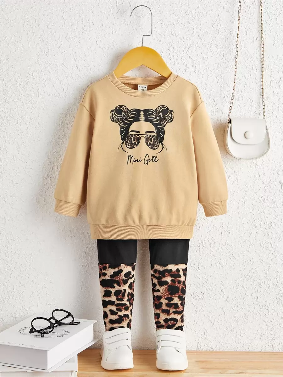 SHEIN Baby Girl Letter And Figure Graphic Pullover & Leopard Leggings - Khaki - View 1