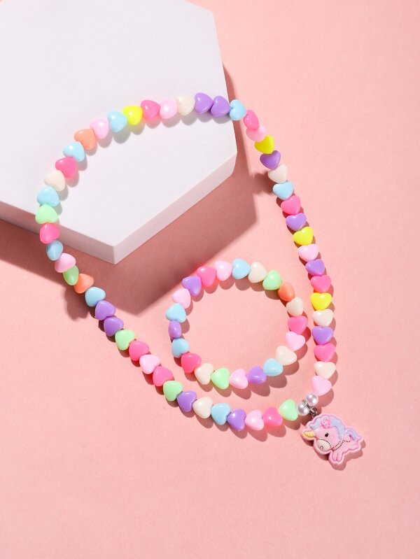 2pcs/set Cute Heart & Unicorn Decor Jewelry Set For Toddler Girls For Daily Decoration